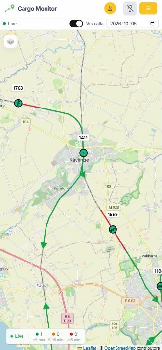 Cargo Monitor på mobil: inzoomad karta med flera tåg och belagda och reserverade sträckor.
